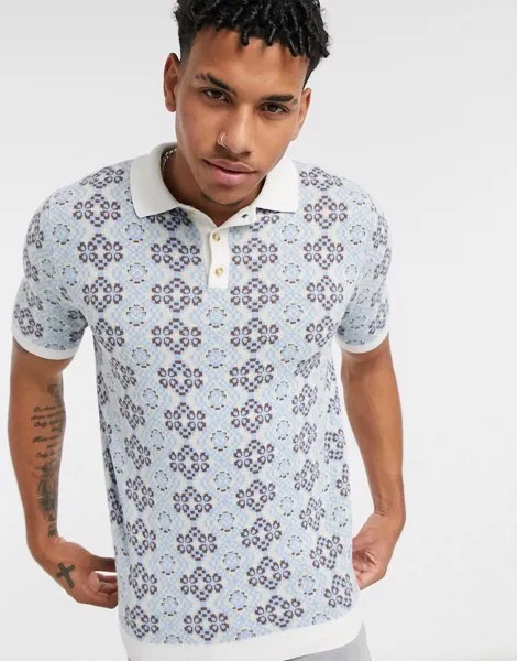Меланжевая фактурная футболка-поло с цветочным принтом ASOS DESIGN-Голубой