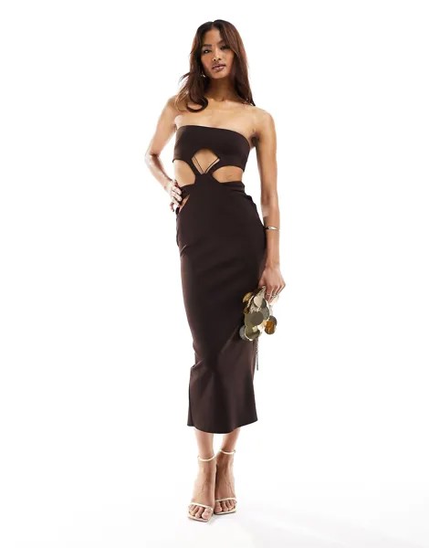 Платье миди Asos Design Bandeau Extreme Cut Out, темно-коричневый