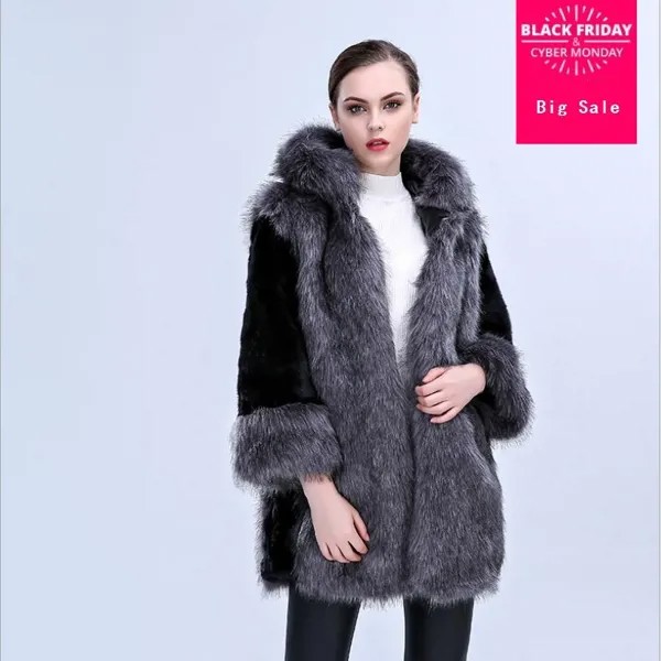 Женское зимнее пальто из искусственного меха с капюшоном, размеры до 39