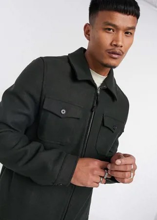 Куртка Харрингтон цвета хаки из ткани с добавлением шерсти ASOS DESIGN-Зеленый