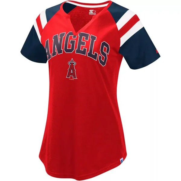 Женская стартовая красная/темно-синяя футболка реглан Los Angeles Angels Game с вырезом в горловине Starter