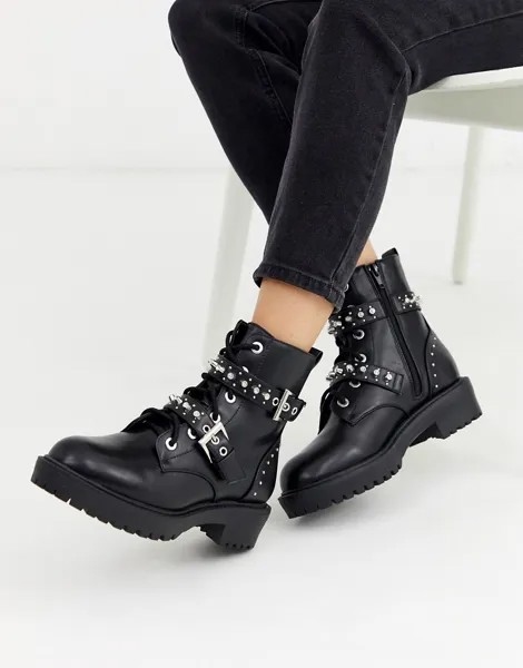 Черные байкерские ботинки на толстой подошве с заклепками New Look-Черный