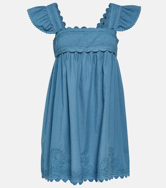 Хлопковое мини-платье с фестончатой вышивкой Juliet Dunn, синий