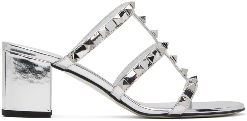 Серебряные босоножки на каблуке Rockstud Valentino Garavani