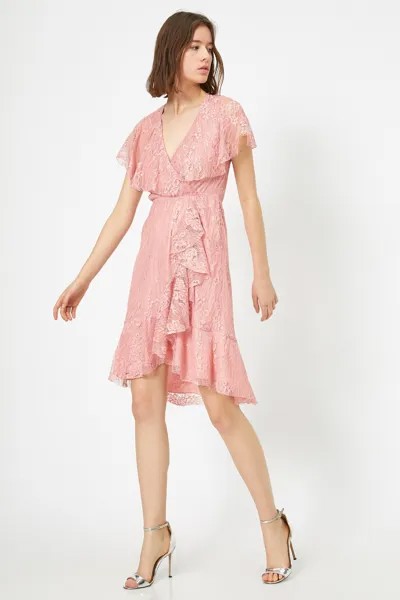 Женское кружевное вечернее платье с рюшами и запахом на талии, мини-платье со сборками Koton, розовый