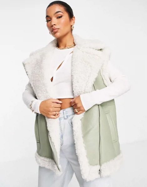 Шалфейно-зеленый жилет с отделкой из искусственной овчины ASOS DESIGN-Черный цвет