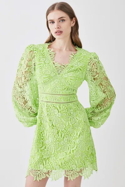 Тканое мини-платье с гипюровым кружевом и V-образным вырезом Karen Millen, зеленый