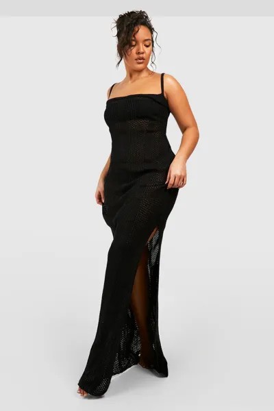 Вязанное пляжное платье макси крючком Boohoo, черный
