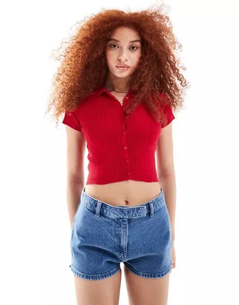 Красная футболка-поло тонкой вязки Bershka
