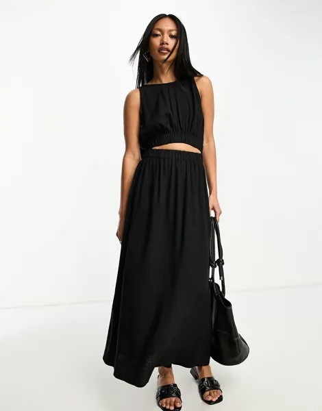 Черный льняной сарафан миди с вырезом и рюшами ASOS DESIGN