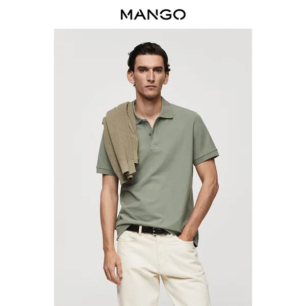 Сезон скидок, мужская футболка MANGO, новинка весны 2024, базовый хлопок, классические эластичные манжеты с высокими лацканами и короткими рукавами, светло-голубой