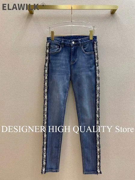 Роскошные модные дизайнерские джинсы, женские твидовые Лоскутные синие джинсовые брюки с боковым жемчугом и бисером, узкие джинсы-карандаш...