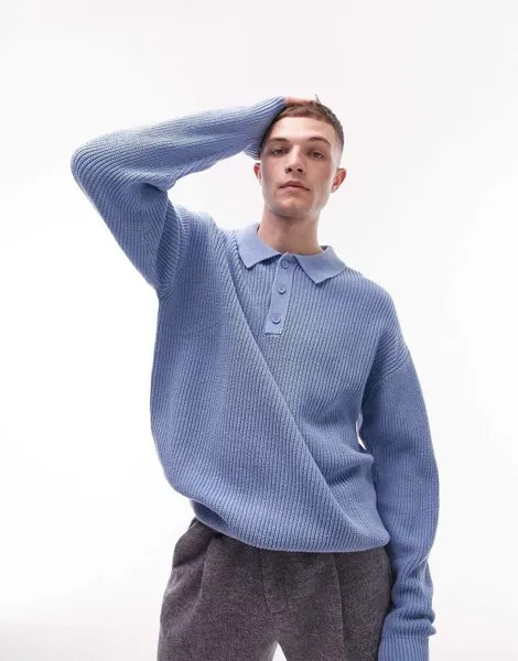 Синяя трикотажная футболка-поло oversize с длинными рукавами Topman