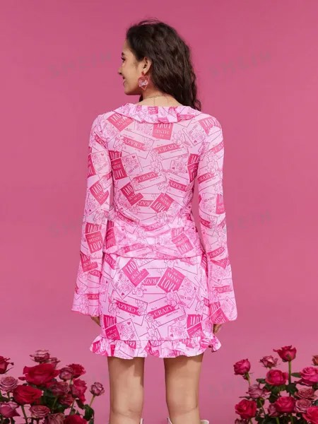 Женская блузка SHEIN с расклешенными рукавами и рюшами по краю с буквенным принтом и мультяшным принтом, розовый