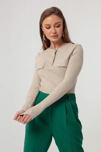 Женская бежевая трикотажная блузка с карманами и деталями Lafaba, бежевый