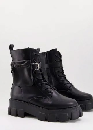 Черные ботинки из искусственной кожи на массивной подошве и шнуровке со съемным кошельком Truffle Collection-Черный цвет
