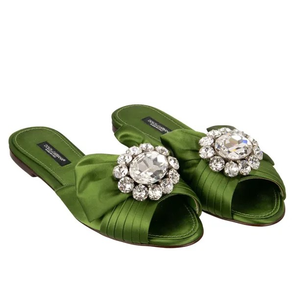 DOLCE - GABBANA Брошь с бантиком и кристаллами Шелковые сандалии Туфли-лоферы BIANCA Зеленый 12778