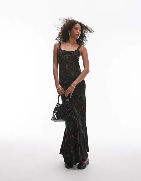 Topshop – Черное платье миди на бретелях с расклешенным подолом в цветочный узор