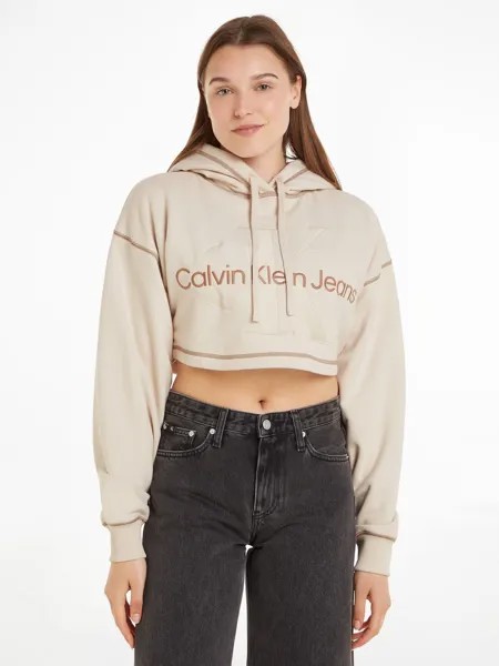 Джинсовое укороченное худи с монологом Calvin Klein, слоновая кость