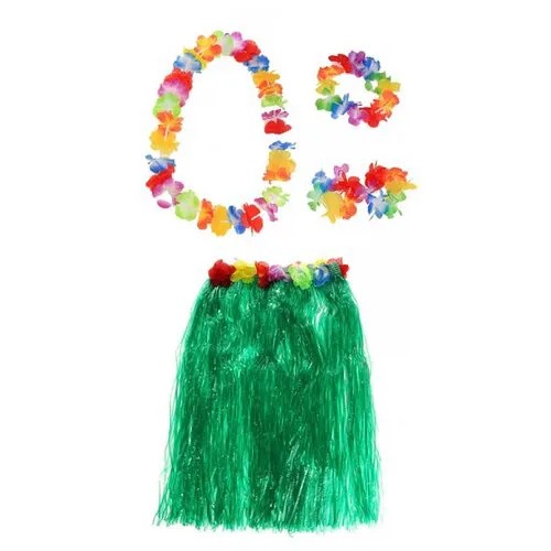 Гавайская юбка зеленая 60 см, ожерелье лея 96 см, венок, 2 браслета (набор)