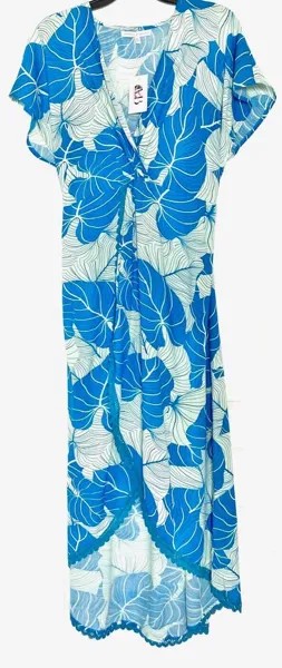 AMERICA - BEYOND Синее платье-блузон миди с запахом и принтом листьев, связанное крючком, M