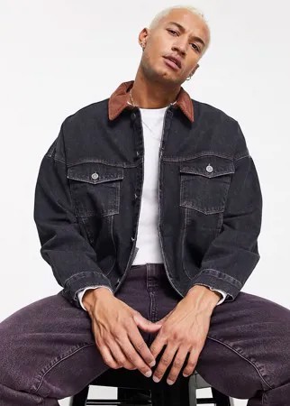 Выбеленная черная джинсовая куртка в стиле oversized с воротником из искусственного меха ASOS DESIGN-Черный цвет