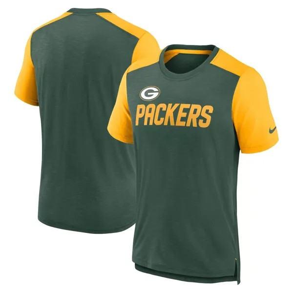 Мужская зеленая/золотая футболка Green Bay Packers с цветными блоками и названием команды Nike