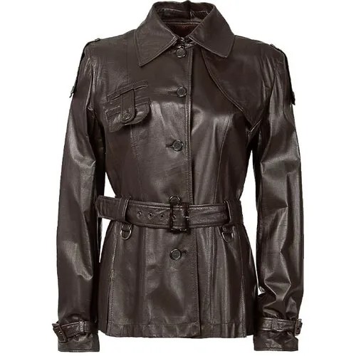 Кожаная куртка  Pollini, средней длины, силуэт прямой, размер 46, коричневый