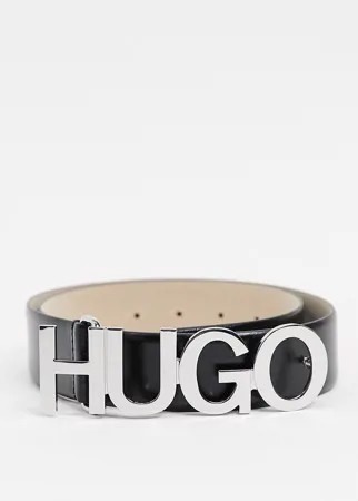 Черный кожаный ремень с логотипом HUGO
