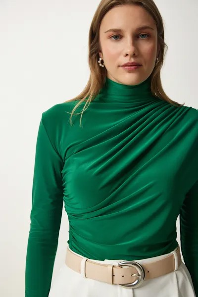 Женская зеленая блузка песочного цвета со сборками и высоким воротником Happiness Istanbul, зеленый