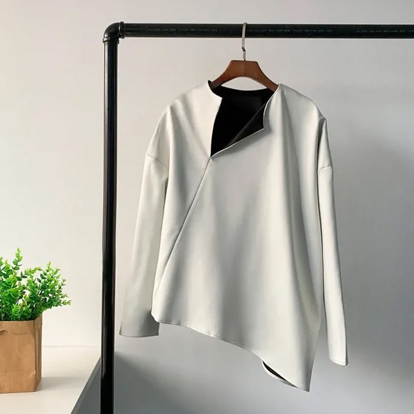 Женская блузка в скандинавском стиле, дизайнерские ассиметричные топы с блестящей текстурой, кремовая рубашка с косым воротником