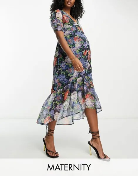 Синее чайное платье миди с пышными рукавами Hope & Ivy Maternity