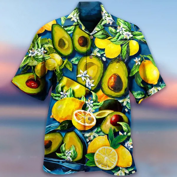 Мужская свободная повседневная гавайская пляжная рубашка с принтом авокадо