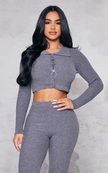 PrettyLittleThing Угольный вязаный укороченный кардиган в рубчик Petite