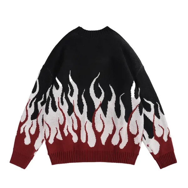 Пуловер контрастных цветов с принтом пламени в стиле ретро, осенние свитера для мужчин и женщин, лоскутные вязаные мешковатые Топы в стиле х...