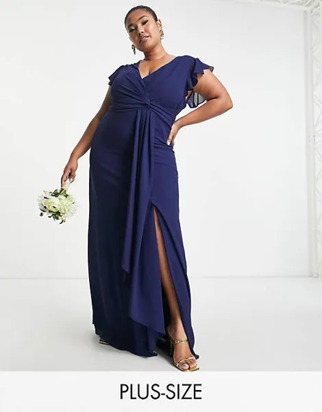 Темно-синее платье макси с оборками и развевающимися рукавами TFNC Plus Bridesmaid