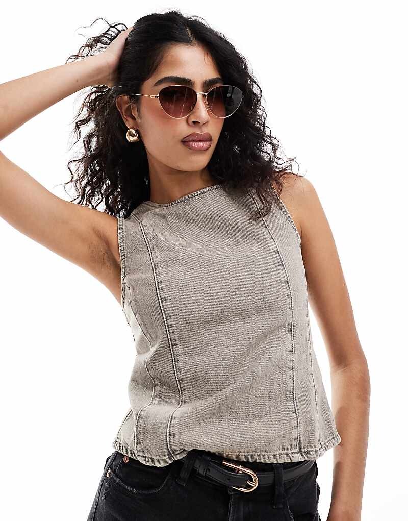 Джинсовый топ Pull&Bear – каменно-бежевого цвета с бретелями через шею