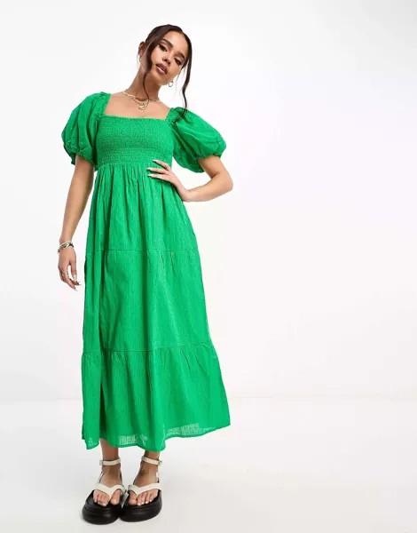 Ярко-зеленое платье миди добби с присборенными рукавами и пышными рукавами New Look