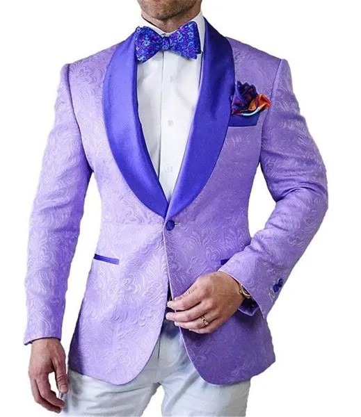 Новинка 2021, мужской костюм с узором, 2 предмета, сиреневая шаль, отворот, приталенный силуэт, повседневный Блейзер, смокинг для шафера на свад...