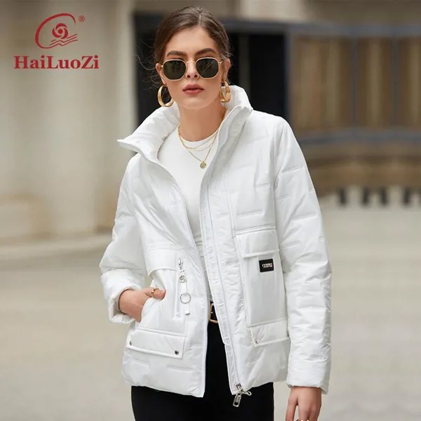 HaiLuoZi 2022 Весна Осень Женское пальто Мода Большая карманная куртка Женская короткая Parka с капюшоном Высокое качество Женская верхняя одежда 7021