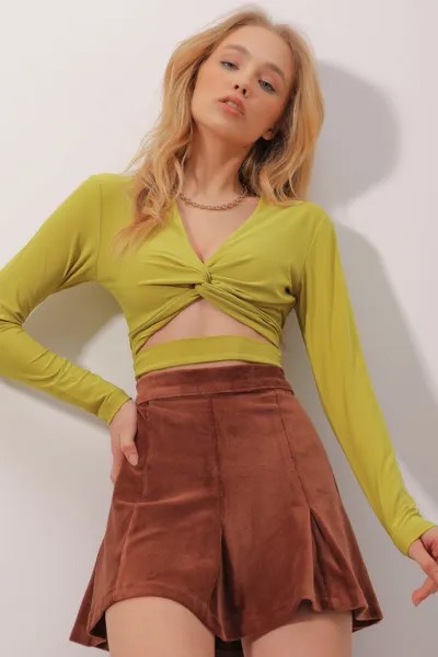 Женская масляно-зеленая укороченная блузка песочного цвета с v-образным вырезом спереди и завязкой на талии ALC-X9882 Trend Alaçatı Stili, зеленый