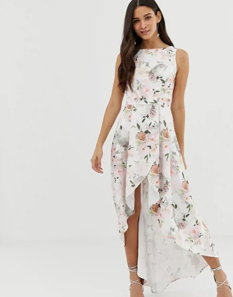 Платье миди с юбкой с запахом, асимметричным краем и цветочным принтом Chi Chi London-Мульти
