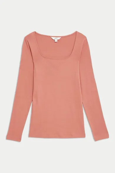 Хлопковая блузка с квадратным вырезом Marks & Spencer, бледно-розовый