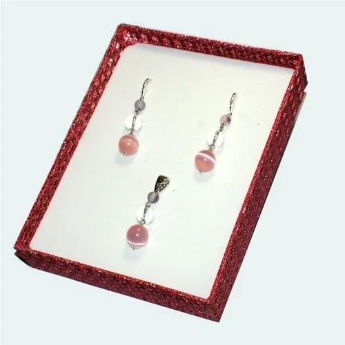 Комплект бижутерии AV Jewelry Розовый кварц серьги и колье: колье, серьги, кварц, размер колье/цепочки 40 см, розовый/серебристый