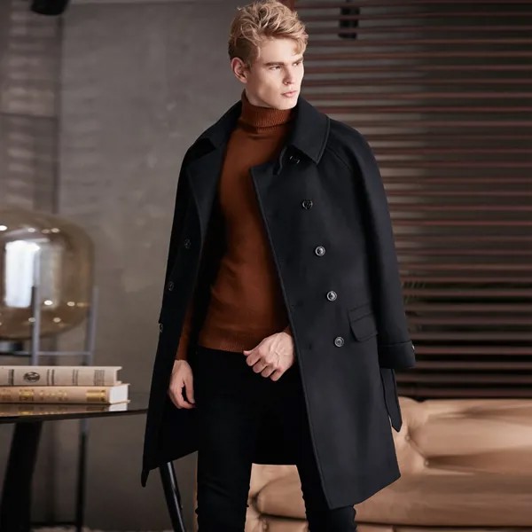 Мужское шерстяное пальто до колен, осень/зима 2020, европейская деловая Повседневная модная двубортная верхняя одежда в подарок
