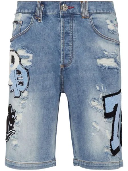 Philipp Plein джинсовые шорты с эффектом потертости, синий