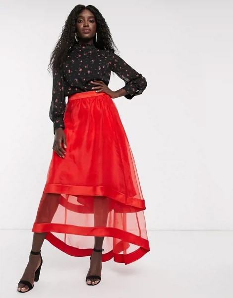 Красная юбка макси из органзы с асимметричным подолом Chi Chi London-Красный