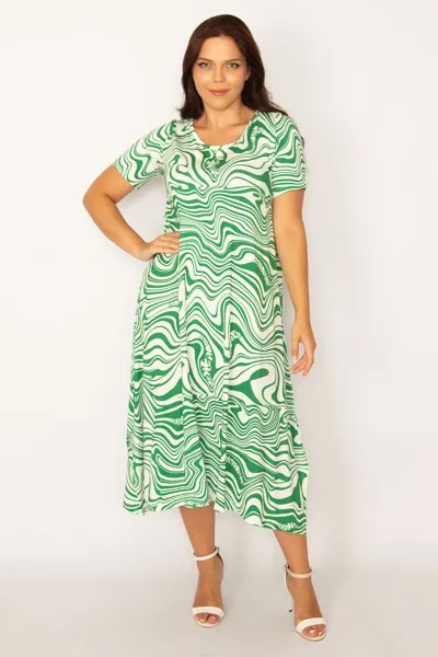 Женское зеленое длинное платье большого размера с круглым вырезом и подвижным подолом 65n34166 Şans, зеленый