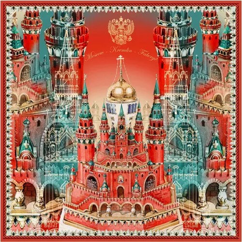Платок Русские в моде by Nina Ruchkina,90х90 см, синий, красный