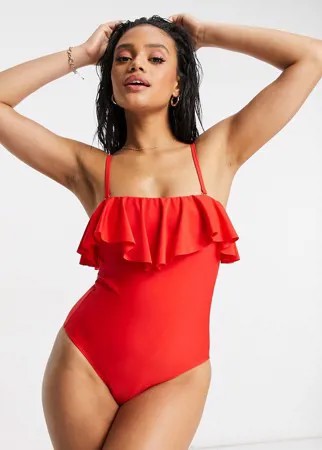 Красный слитный моделирующий купальник с оборками New Look